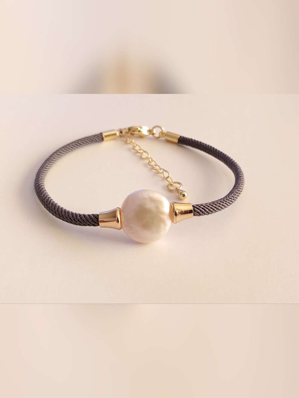 Gold Steel White Button Pearl Cord Bracelet